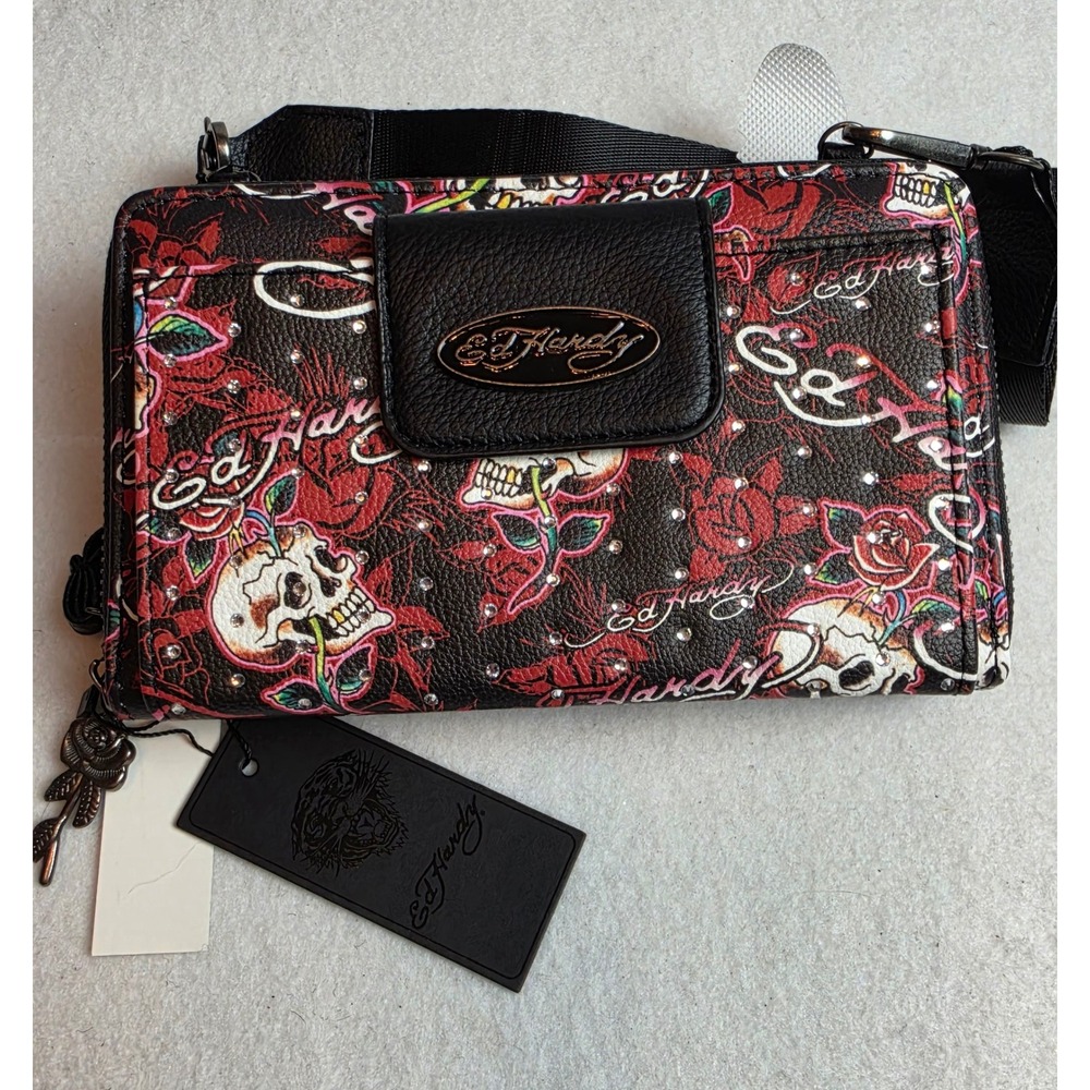Ed Hardy Skull Rose Tattoo Crossbody Wallet Bag Black Rhinestone Cyber Y2K Goth